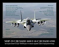 МИГ-29 СДЕЛАНО 1600 F-16 СДЕЛАНО 4500 вата расскажите еще 100500 раз что ваше оружие самое передовое блядь