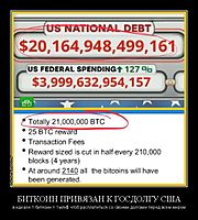 БИТКОИН ПРИВЯЗАН К ГОСДОЛГУ США в идеале 1 биткоин = 1млн$ чтоб расплатиться со своими долгами перед всем миром